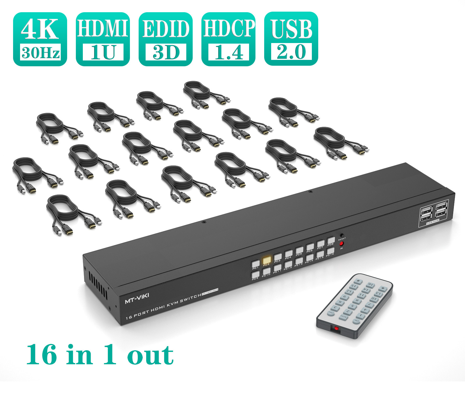 MT-VIKI 16 Port HDMI KVM Switch 4K@30HZ USB2.0 w/16 Cables 4 USB 2.0 Devices 1U