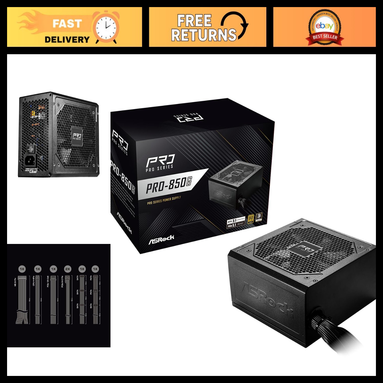 850W 80 Plus Gold Power Supply, ATX 3.1 & PCIe 5.1 Ready, Low-Noise Fan, 3-Year
