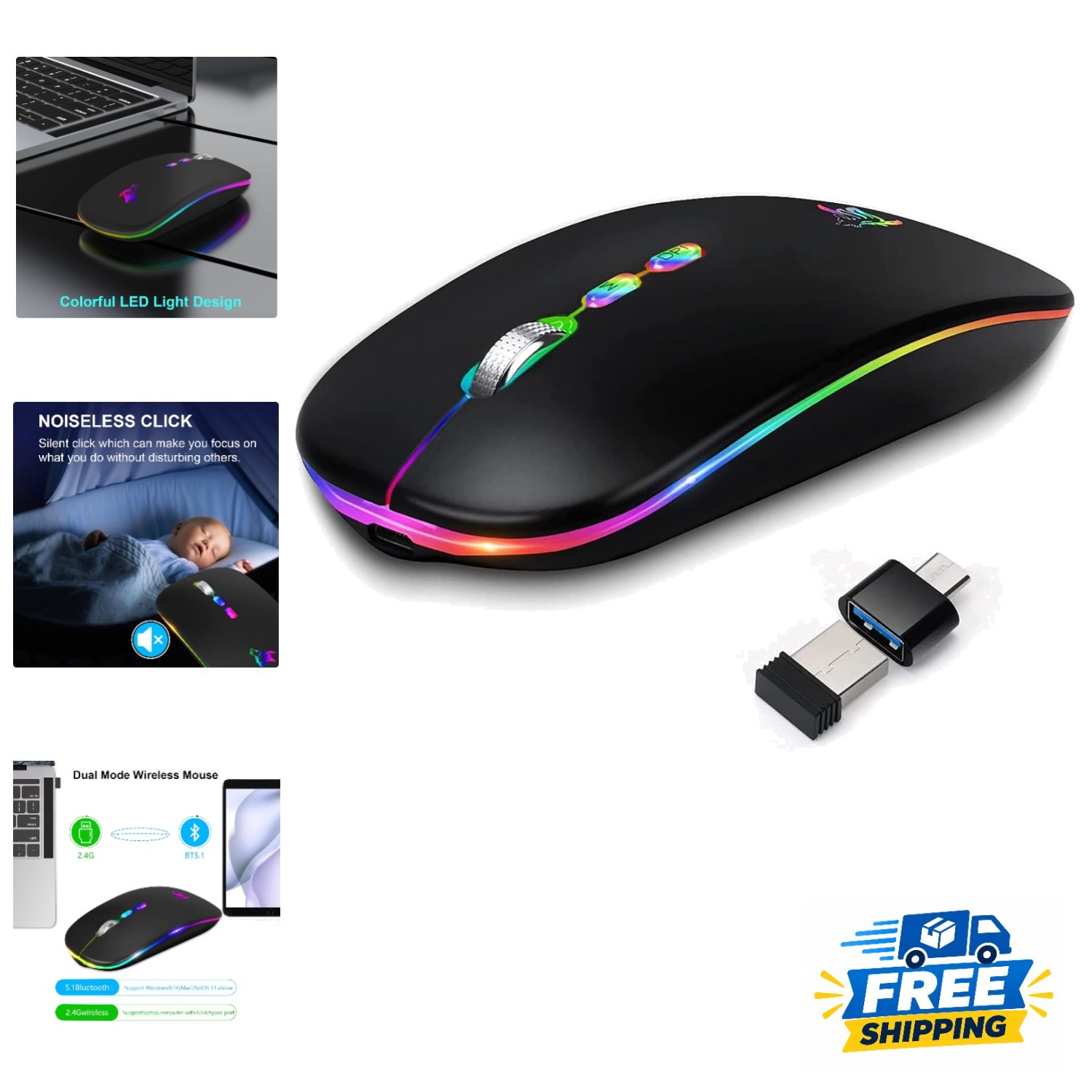 Portable Slim Wireless Mouse with LED Lights - Quiet Clicks & Rechargeable Power