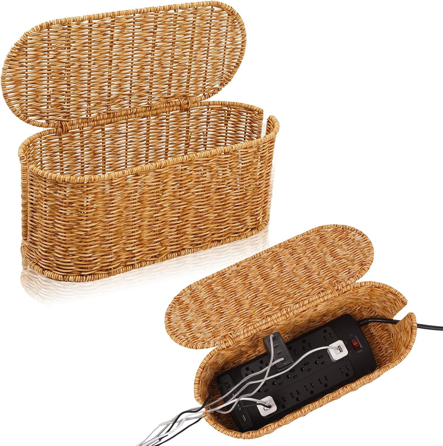 Cable Management Box, Handmade Rattan Cord Organizer for Power Large, Natural