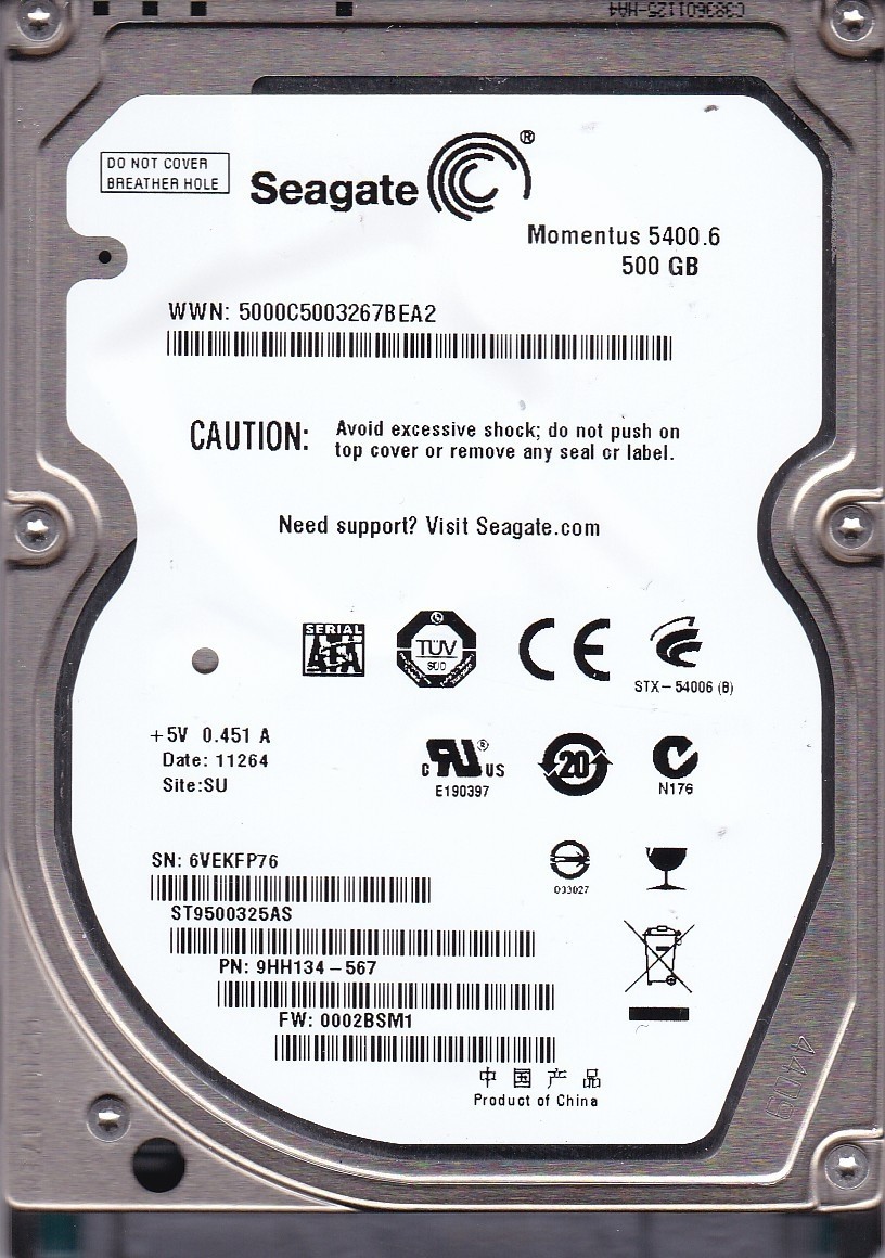 ST9500325AS pn: 9HH134-567 fw: 0002BSM1 s/n: 6VE SU 500GB SATA 2.5" SEAGATE