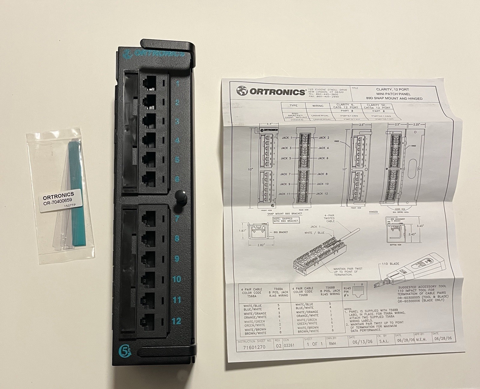 Ortronics Clarity 12-Port Cat5e Hinged Mini Patch Panel 110 RJ-45 OR-PMP5E12H