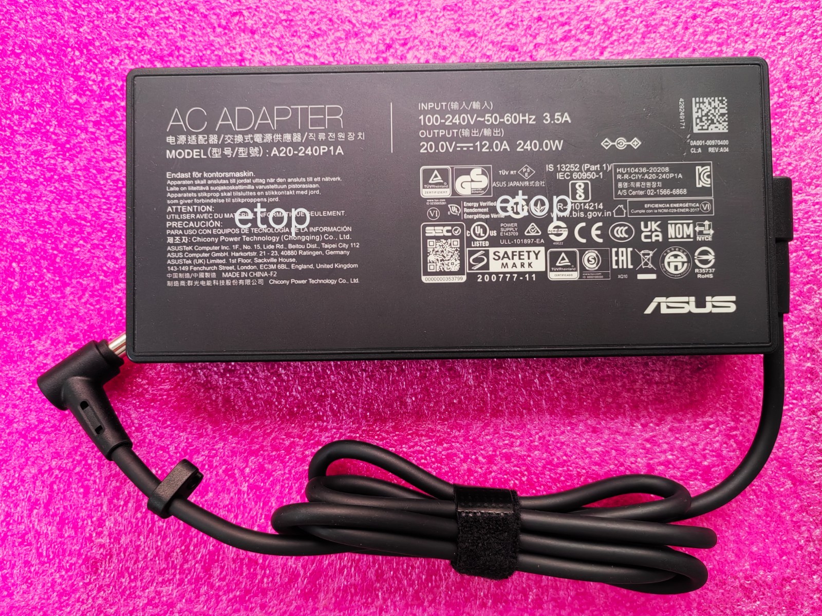 A20-240P1A 240W For ASUS ROG Flow X16 GV601R GV601RW-XS96 20V 12A AC Adapter OEM