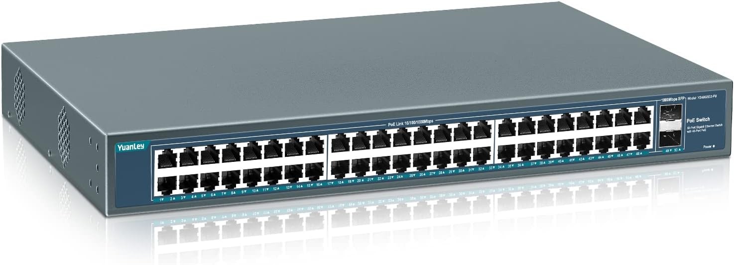 YuanLey 48 Port PoE Switch 800W Gigabit 2 SFP Rackmount Unmanaged