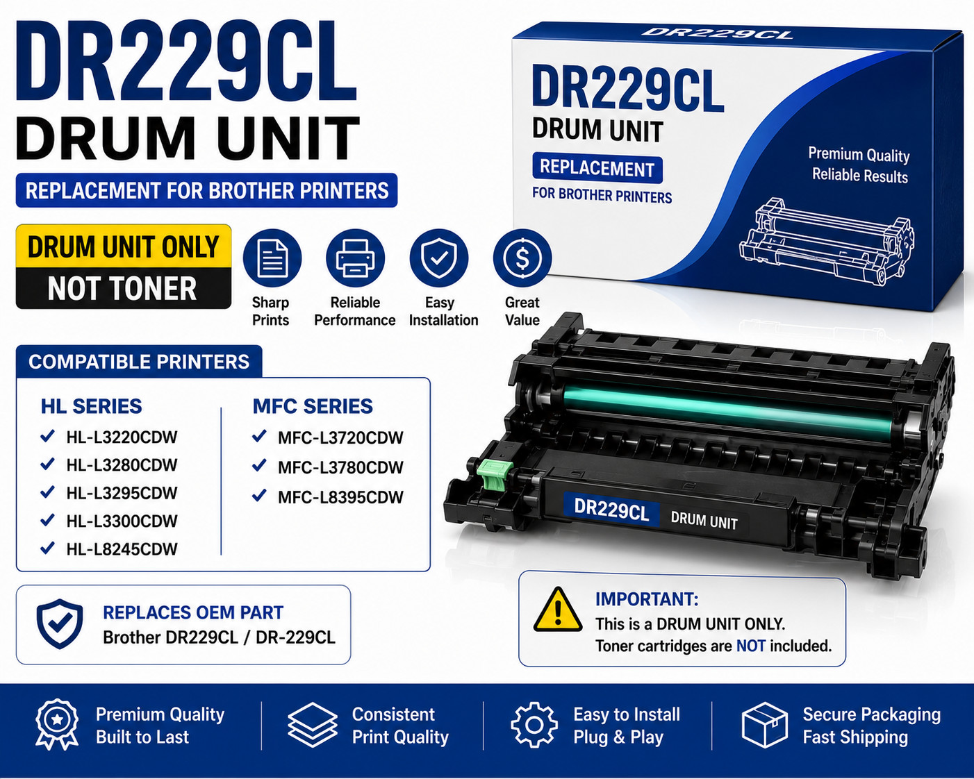 DR229CL Drum Unit for Brother HL-L3280CDW MFC-L3780CDW DR-229CL Drum