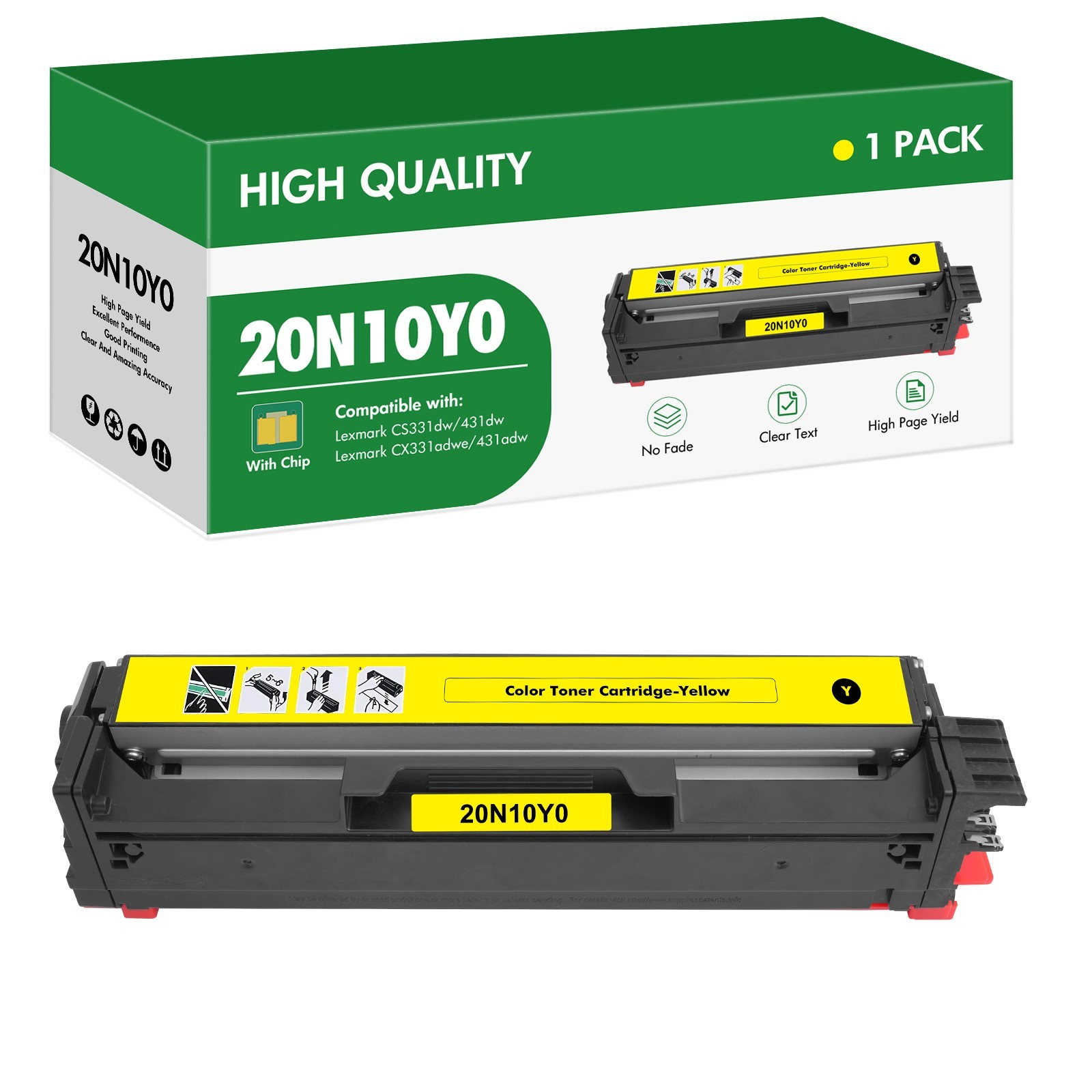 1-Pack 20N10Y0 YELLOW Toner Cartridge for Lexmark CS331 CS331dw CS431 CS431dw