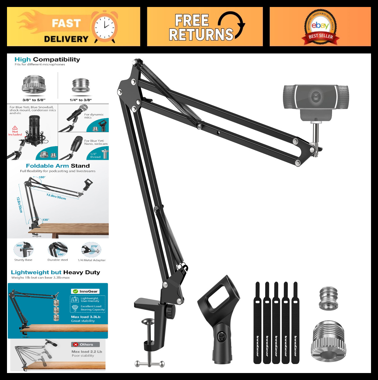 Adjustable Webcam Stand Desk Mount Boom Arm for Logitech Blue Yeti & Cameras