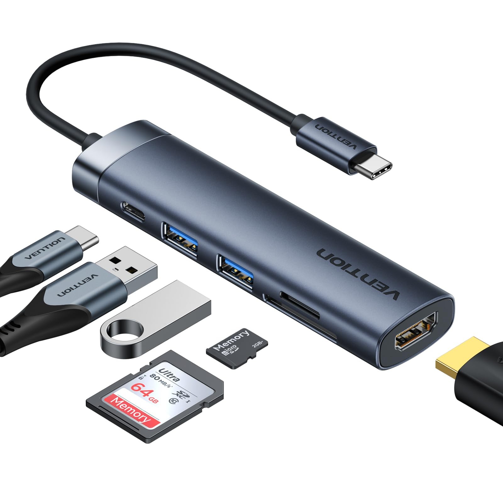 VENTION USB C Hub, 6-in-1 Laptop Docking Station Dongle Adapter 6 IN 1, Grey