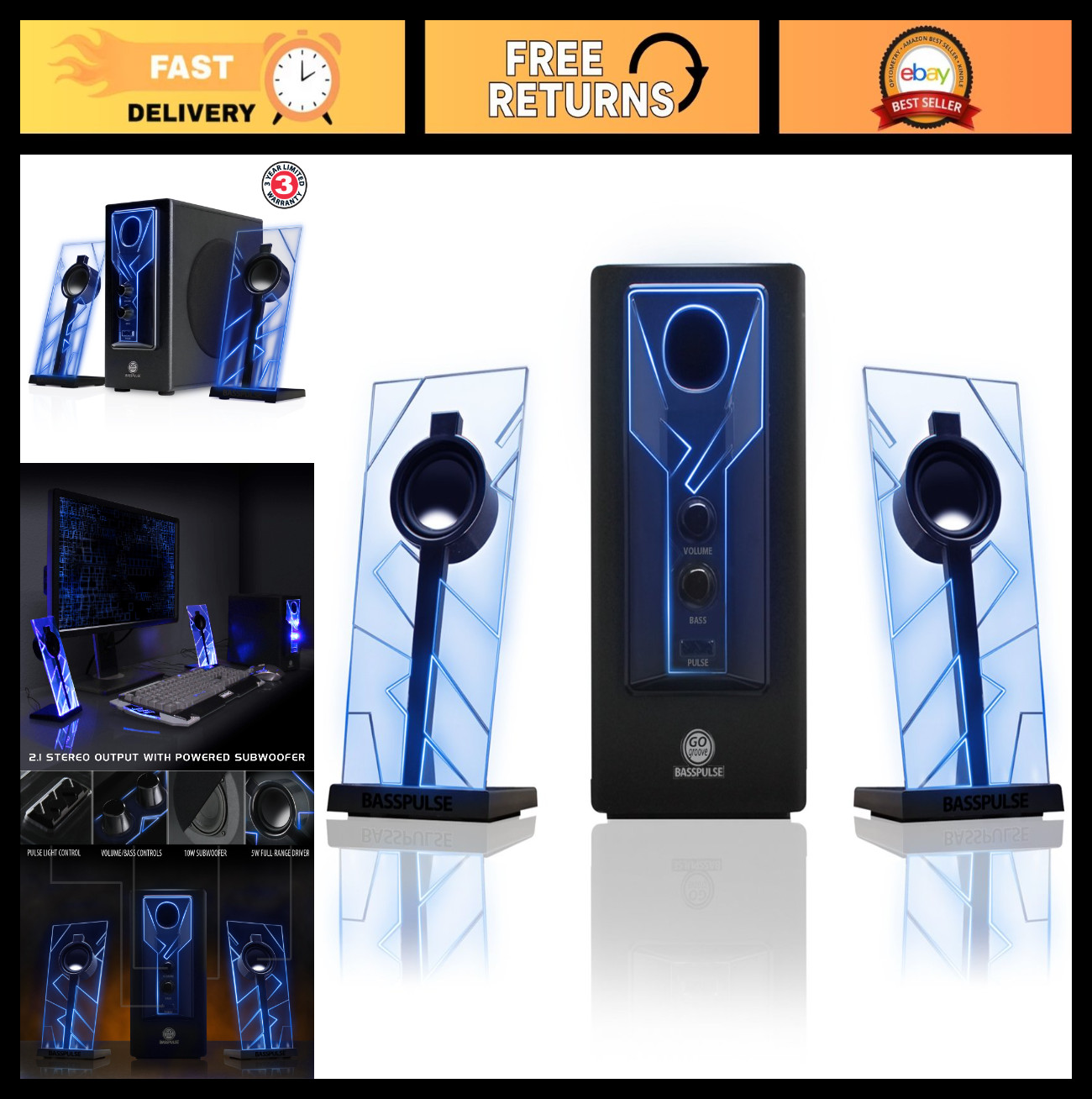 2.1 Gaming Speakers with Blue LED Lights & Powered Subwoofer - 40W Heavy Bass fo