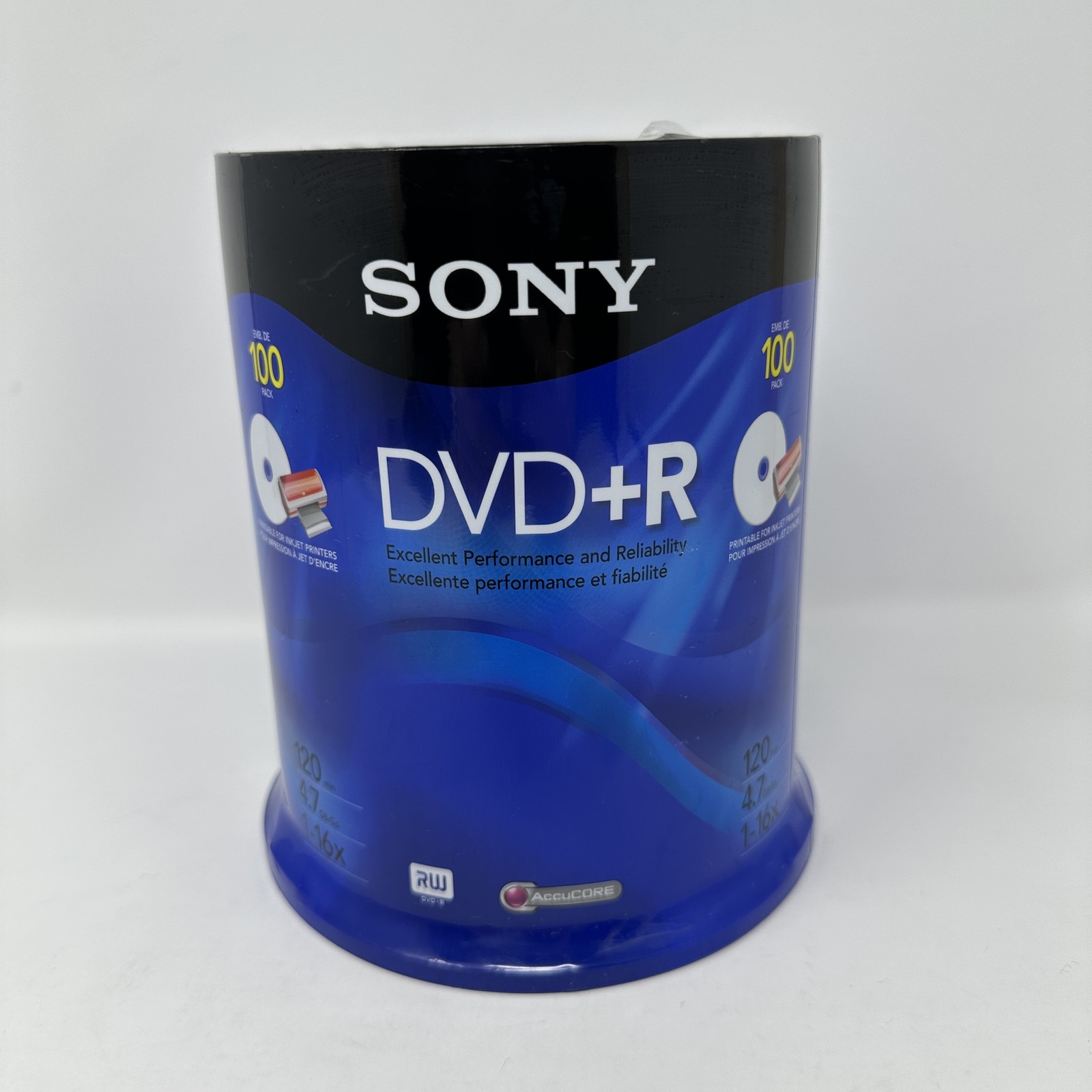 Sony DVD+R 100 Pack 4.7GB 120min 16x Printable for Inkjet Printers AccuCORE New