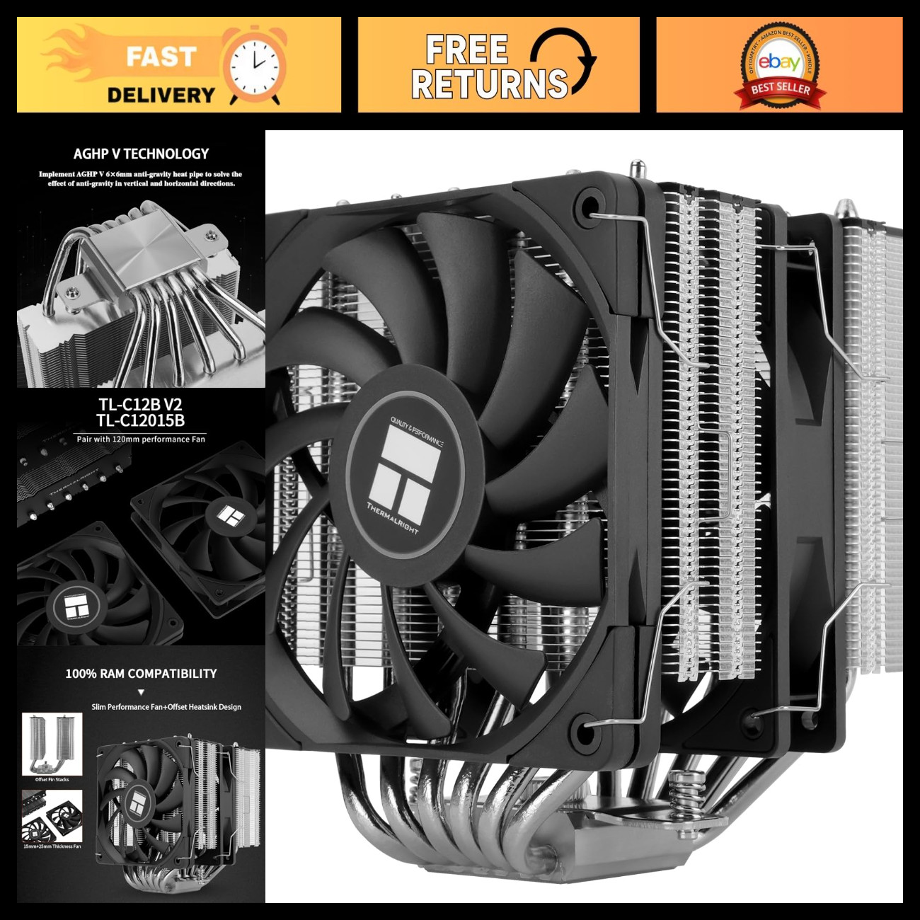 High-Performance CPU Air Cooler, 6 Heat Pipes, Dual Tower Design, PWM Fans, Inte