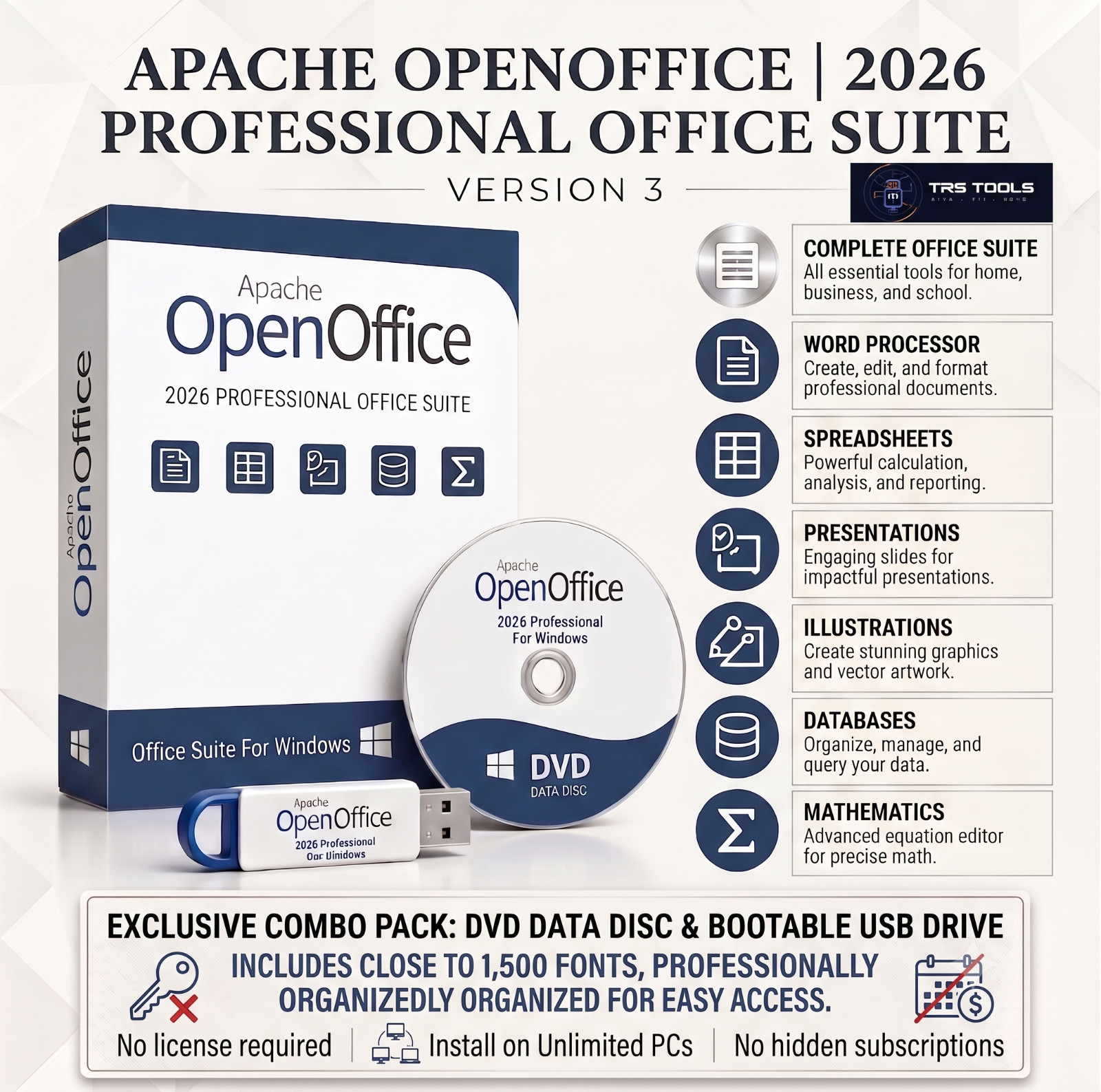 OpenOffice 2026 Office Suite USB & DVD Combo Writer Calc Impress Draw Base