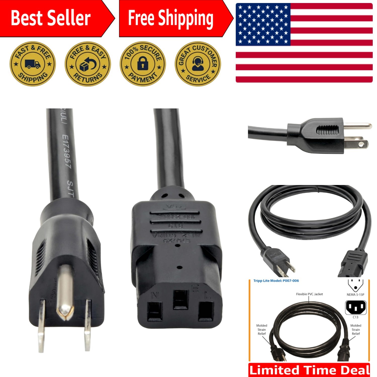 Versatile 6ft Computer Power Cord - Heavy Duty 15A for Home & Office Devices