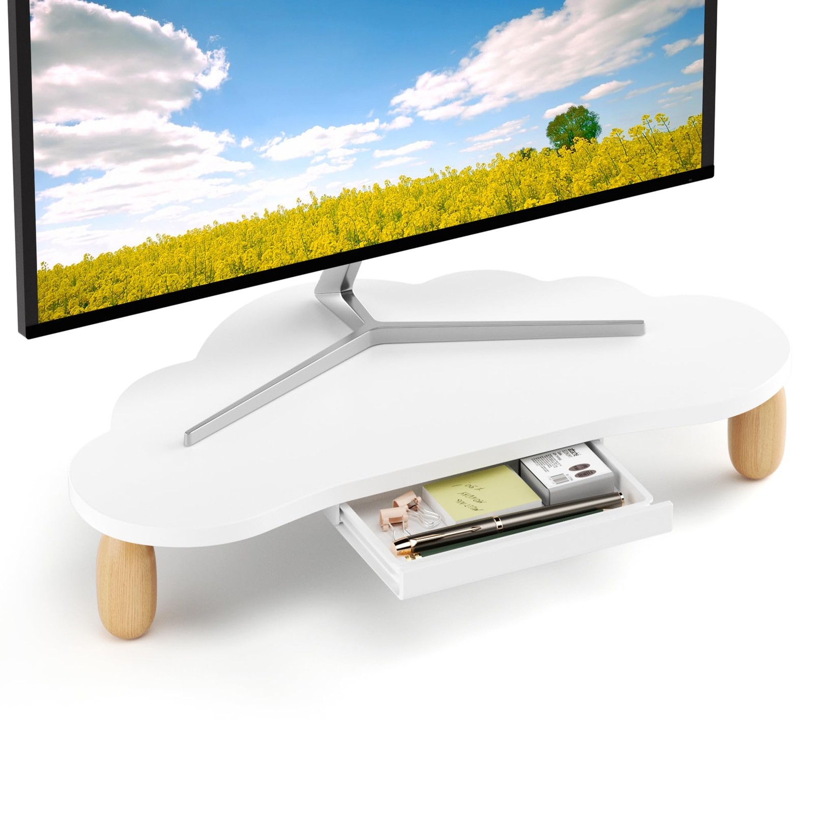 Monitor Stand Riser,Cloud-Shaped Sturdy Wood 16.5In Computer Monitor Riser Wi...