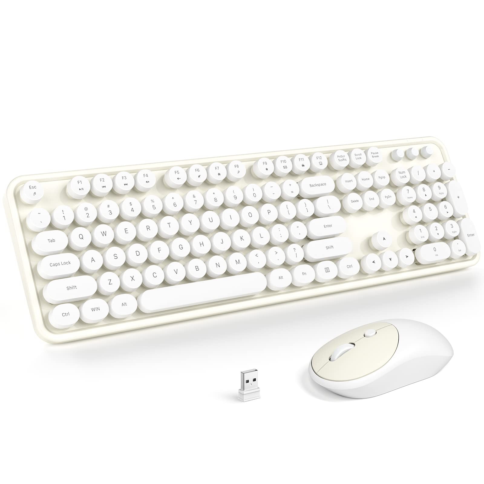 Wireless Keyboard And Mouse Combo FullSized 2.4 GHz Cute Retro White