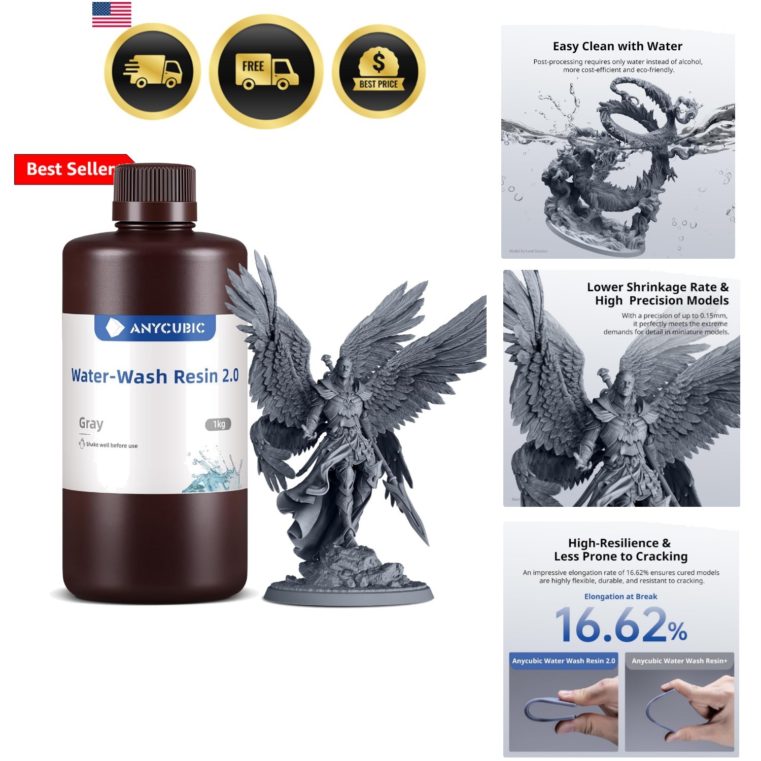 Upgraded Water Washable 3D Printer Resin 2.0, 405nm High Precision 3D Resin, ...