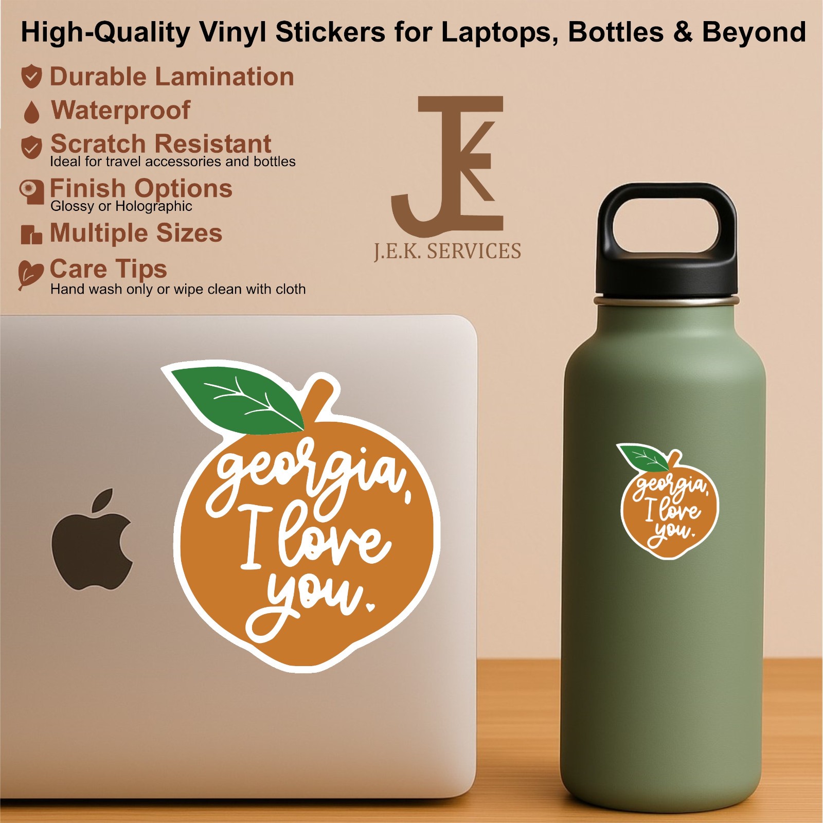 Georgia Peach - I Love You Waterproof Sticker Decal for Water Bottles & Laptops