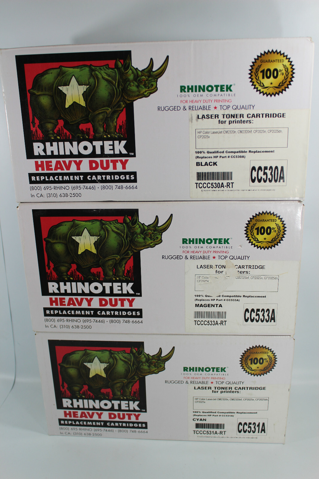 Lot of 3 Rhinotek Heavy Duty Replacement Toner Cartridges Magenta, Cyan, & Black