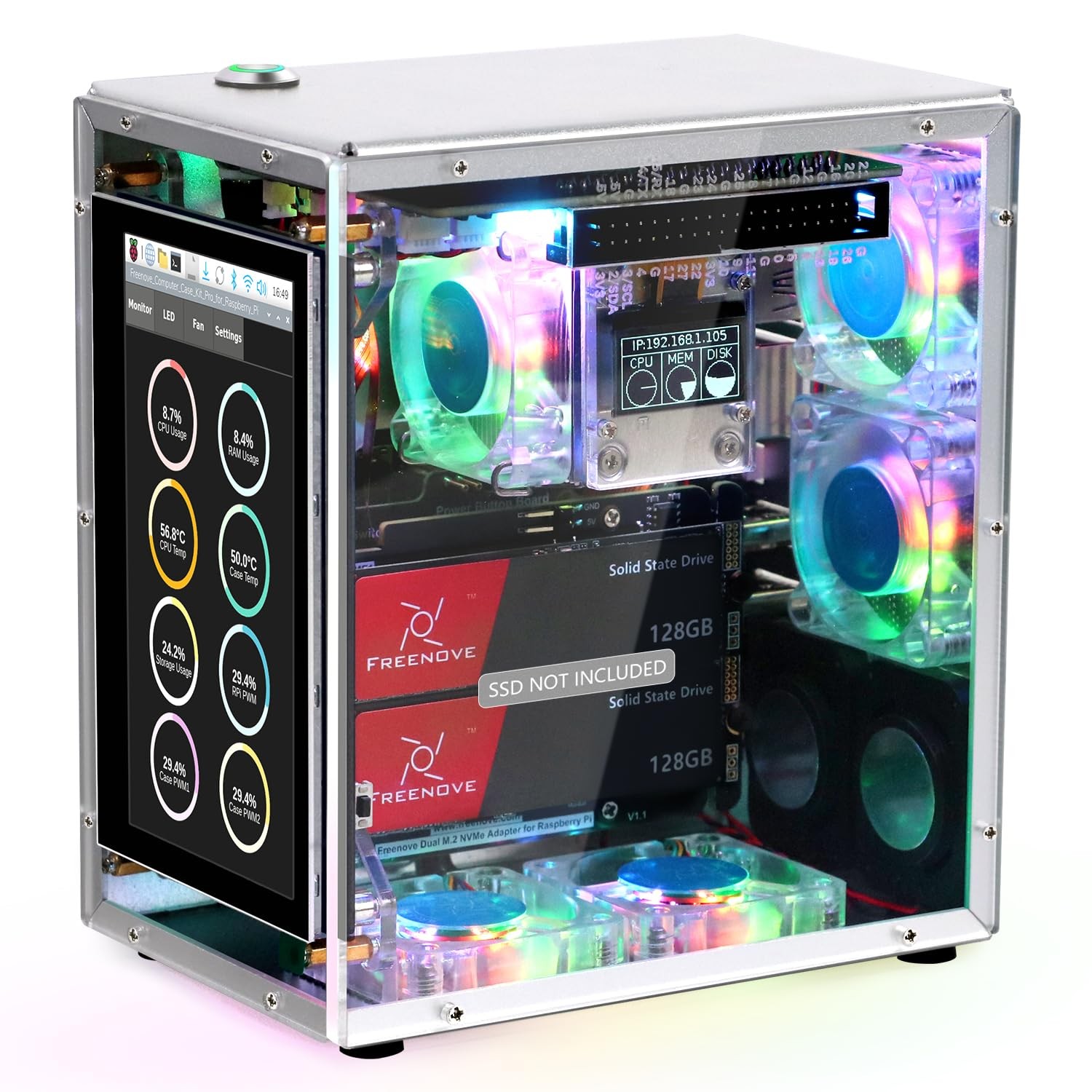 FREENOVE Raspberry Pi 5 Case Kit Pro, Dual M.2 NVMe SSD Slots, 2x Slot no