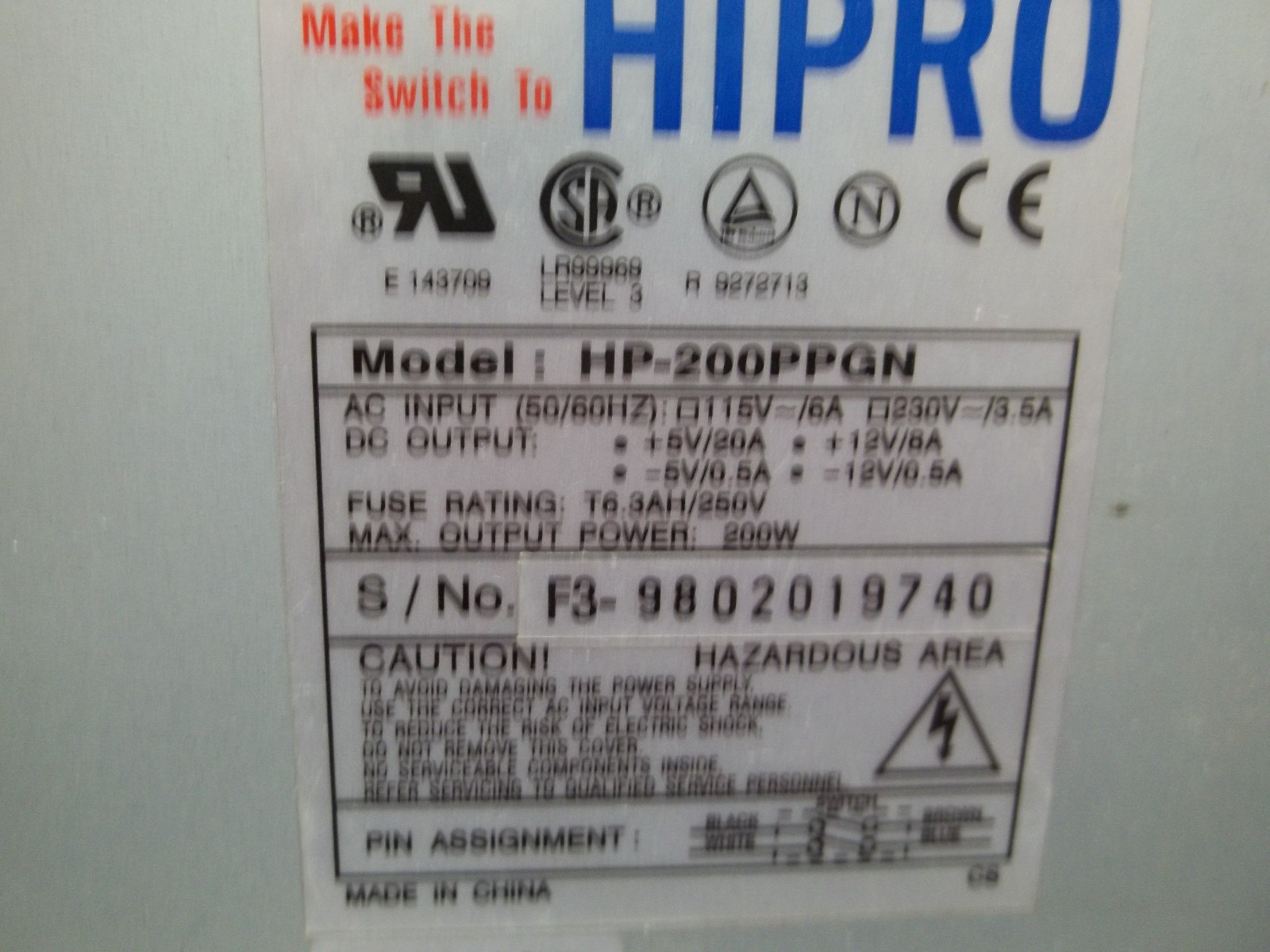 HiPro HP-200PPGN 200 Watt Power Supply 115/230vac, 5/12 vdc