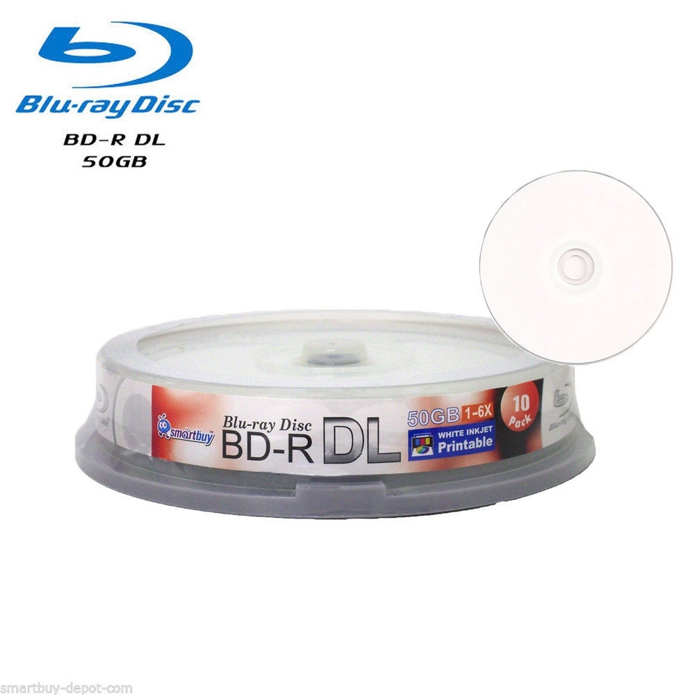 10 Pack SmartBuy Blu-ray BD-R DL Dual Layer 6X 50GB White Inkjet Printable Disc