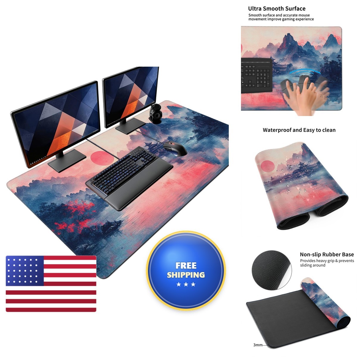 Japanese Ink Wash Landscape Extended XXL Gaming Mouse Pad 48x24 in