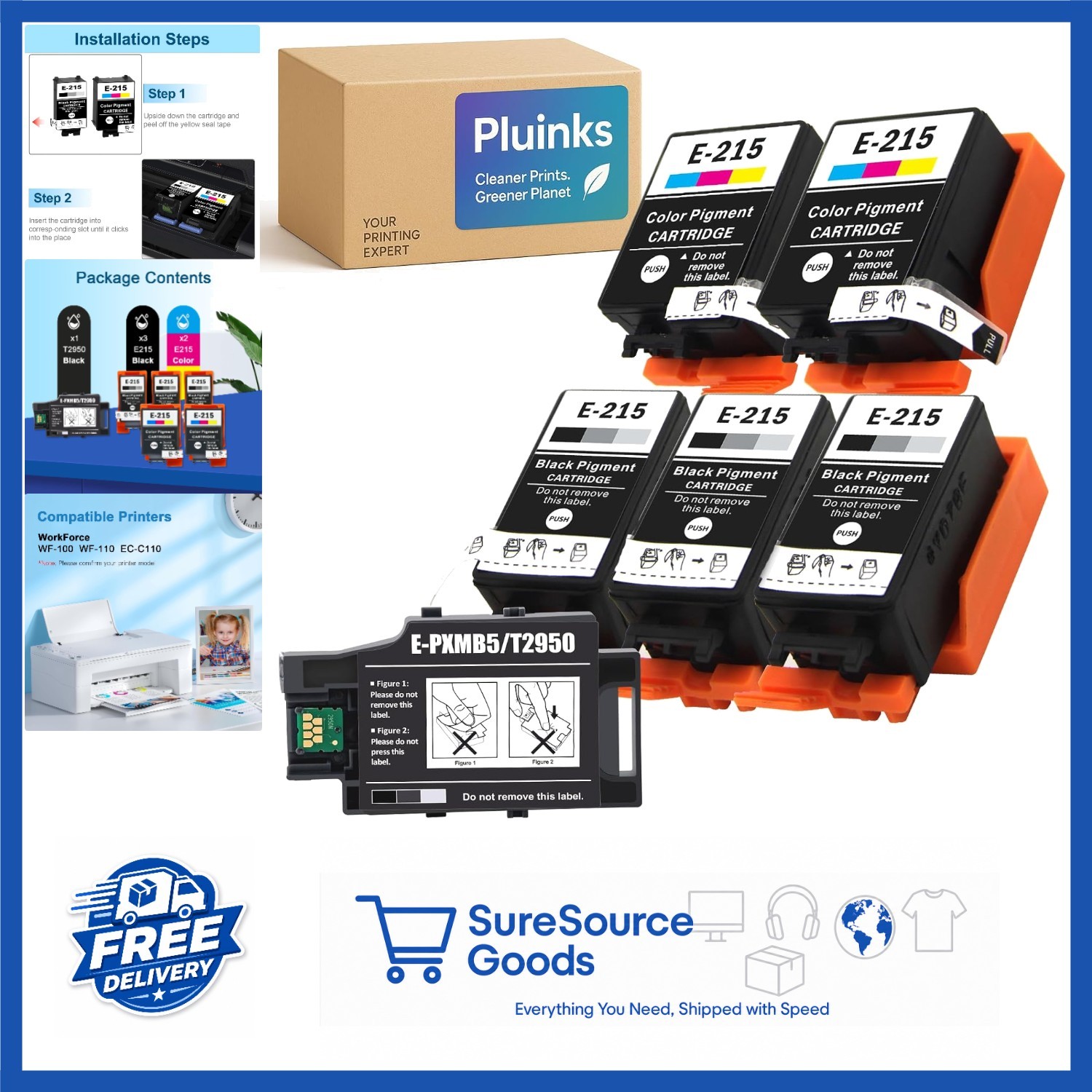 Epson Workforce Ink Cartridges 6 Pack with T2950 Maintenance Box Included
