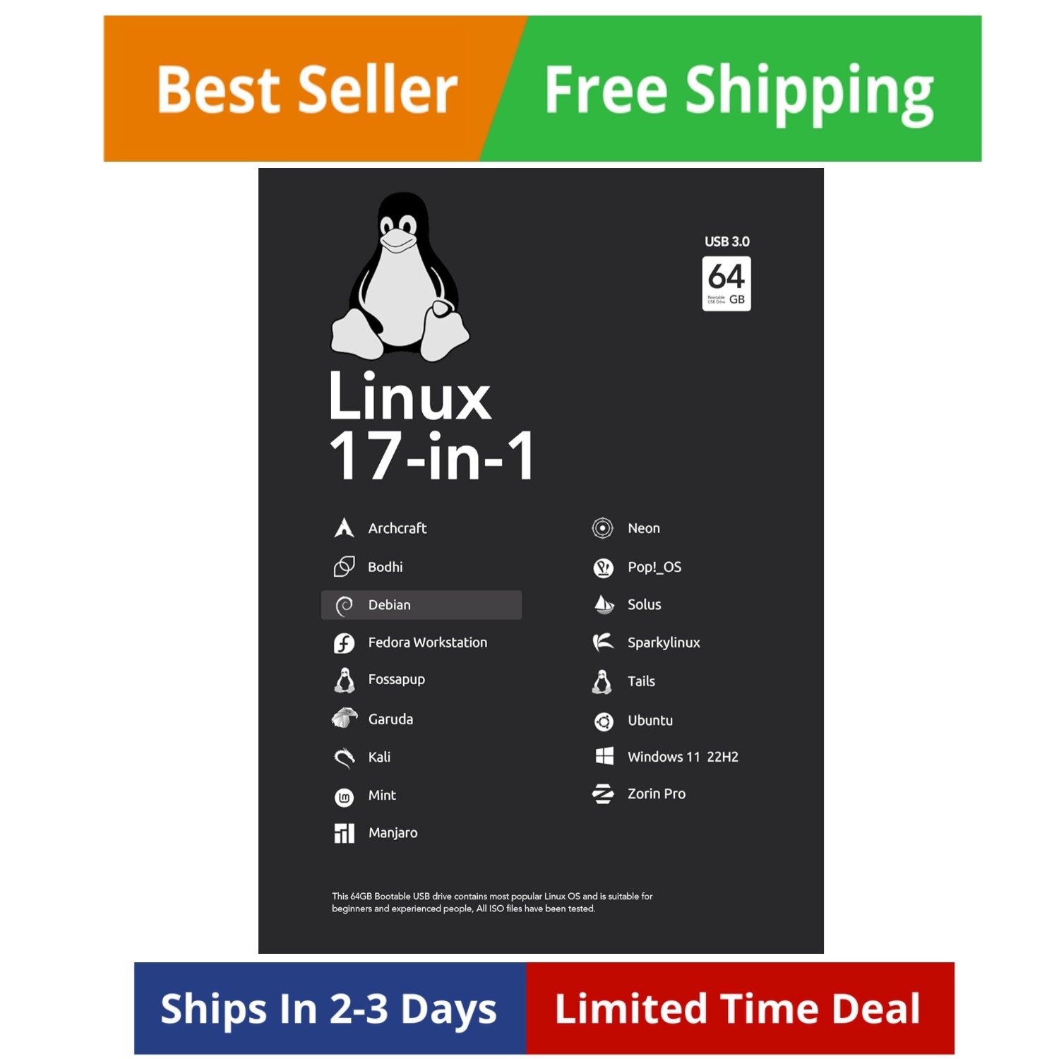 64GB - 17-in-1, Bootable USB Drive 3.2 for Linux & Windows 11, Zorin | Mint |...