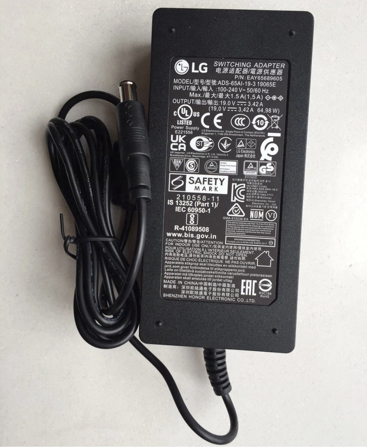 New Original LG EAY65689605 19V 3.42A AC Adapter&Cord for LG LCD-LED Monitor TV