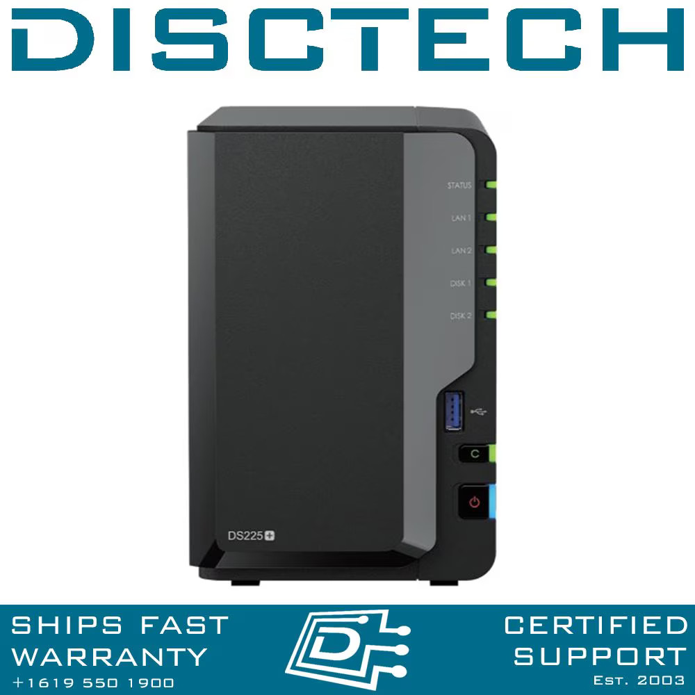 Synology DiskStation DS225+ 2-Bay SATA Quad Core Encrypted NAS Server - Diskless
