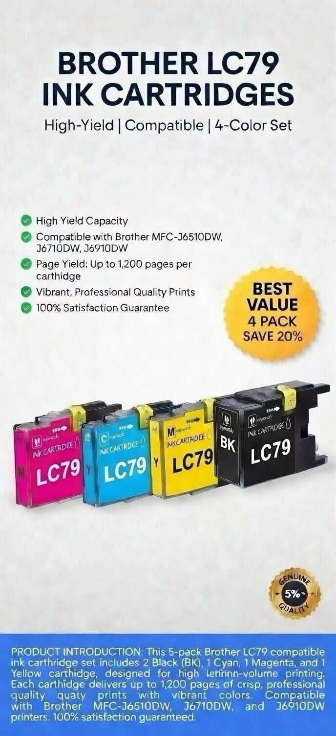 4Pk TCT LC79 LC79BK LC79C LC79M LC79Y HY For Brother J6510DW J6710DW Comp Ink