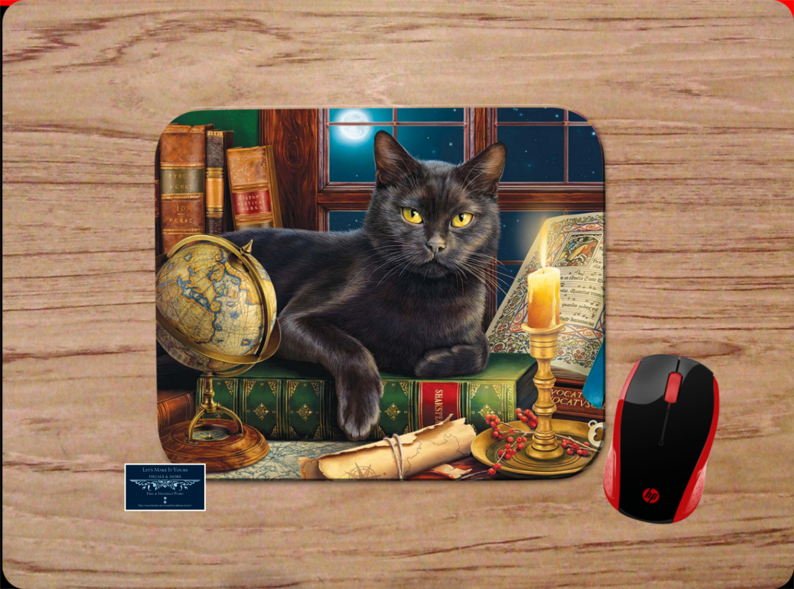 BLACK CAT IN THE LIBRARY STUDY MOON NIGHT ART SCENE PC MOUSE PAD DESK MAT GIFT