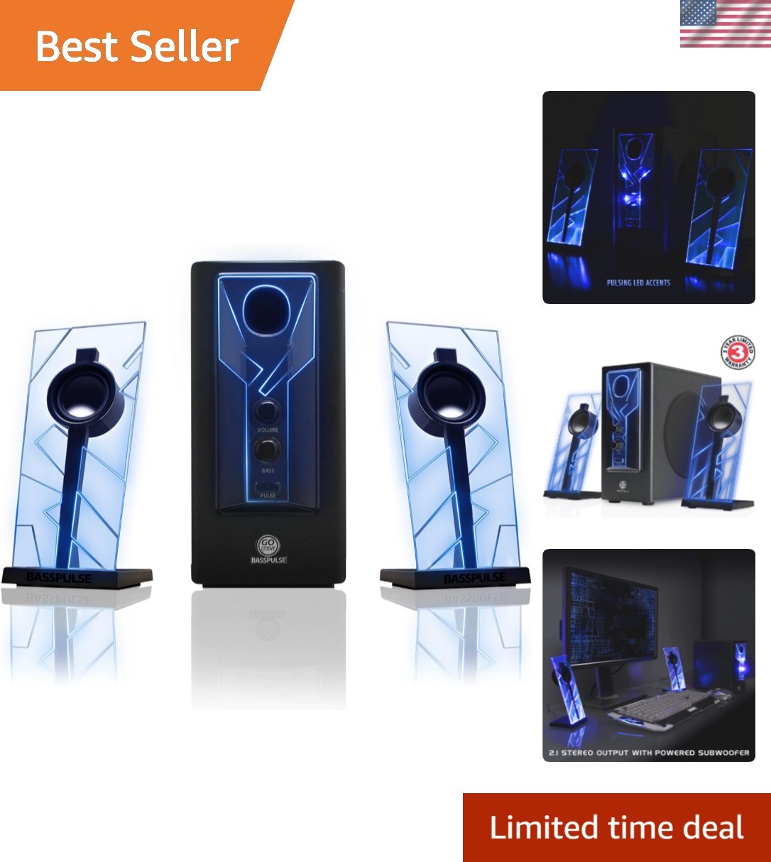 BassPULSE 2.1 Computer Speakers with Blue LED Glow Lights and Powered Subwoof...