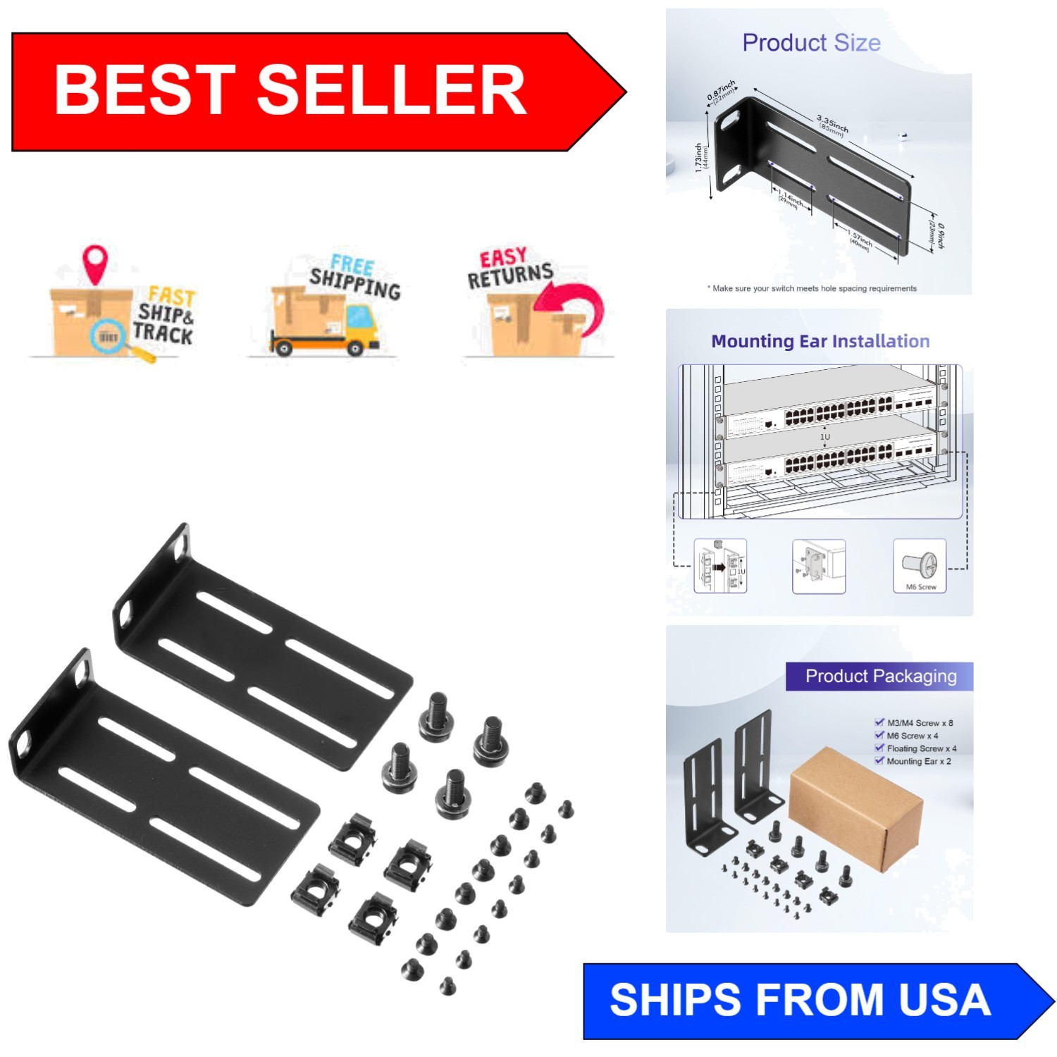 Versatile 19-Inch Rack Mount Kit with Adjustable Size for Network Organization