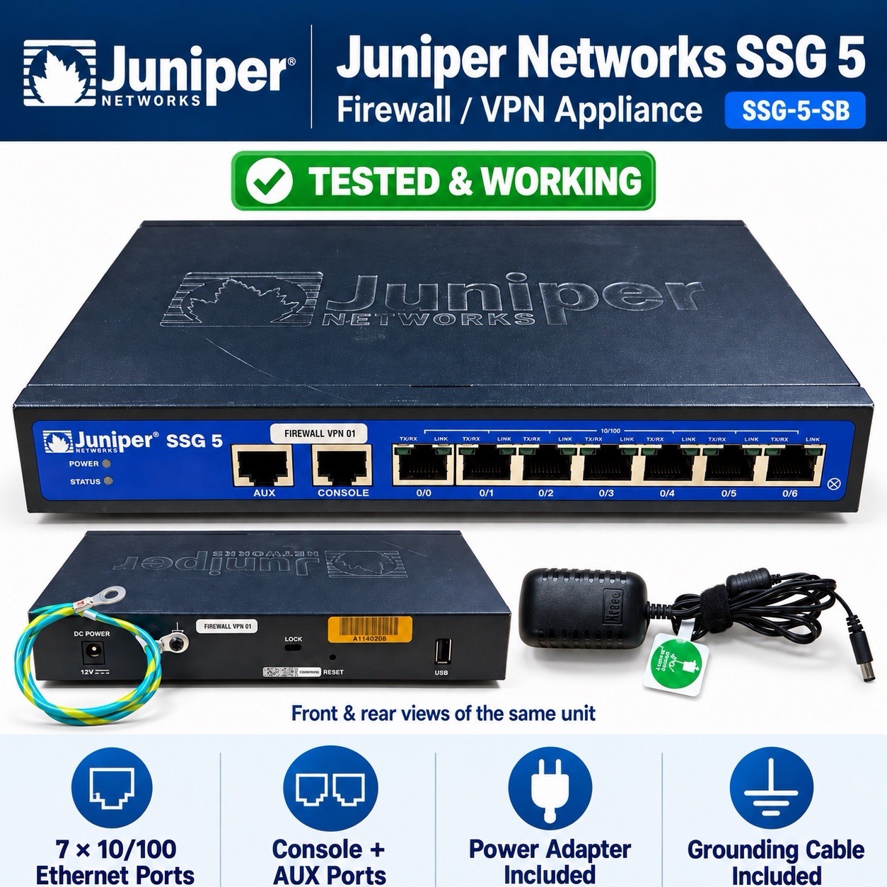 Juniper Networks SSG 5 SSG-5-SB Firewall VPN 7-Port w/ Power Adapter Tested