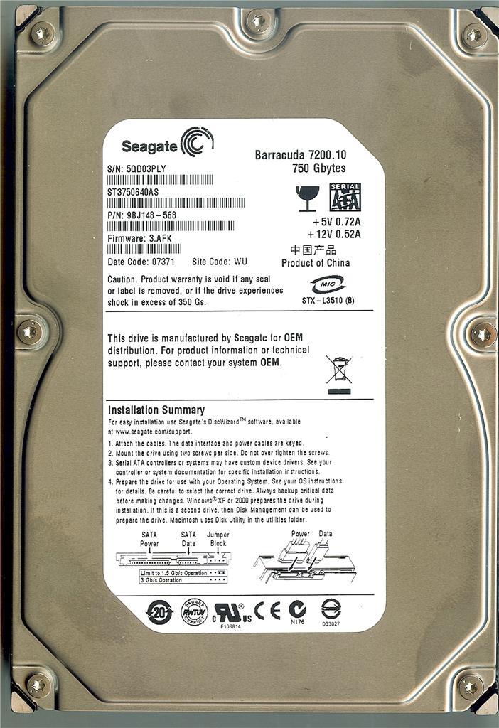 SEAGATE BARRACUDA ST3750640AS 750GB SATA HARD DRIVE P/N: 9BJ148-568 FW: 3.AFK WU