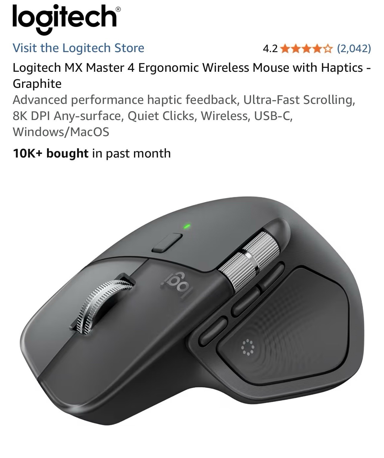 Logitech MX Master 4 Ergonomic Wireless Mouse with Haptics - Graphite