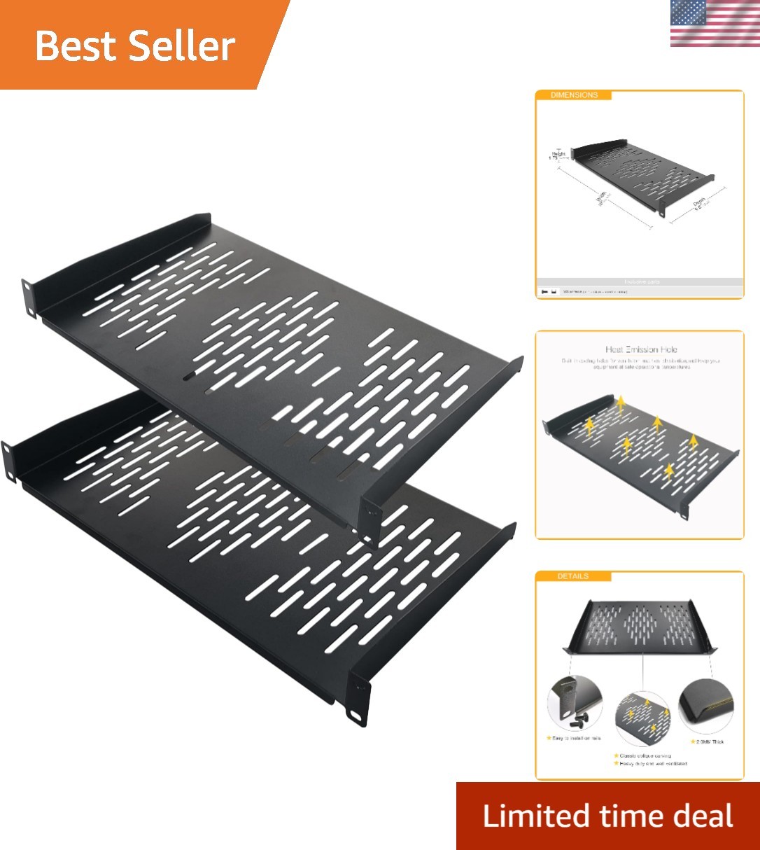 2PCS 1U Rack Shelves, 19” Cabinet Mount 1 U Tray Vented Cantilevers for Compu...