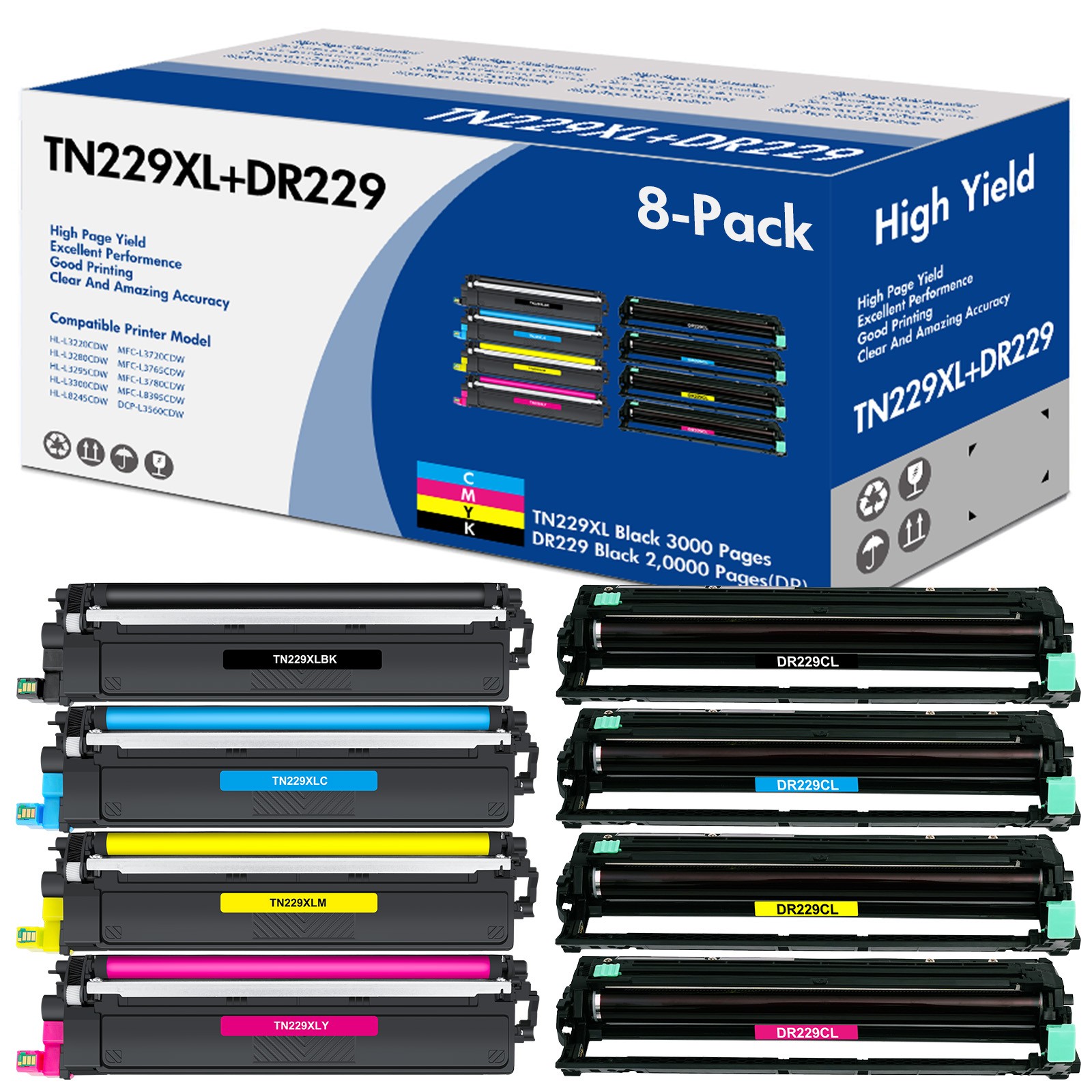 8PK High Yield TN229XL Toner & DR229 Drum Unit For Brother HL-L3220CDW L3280CDW