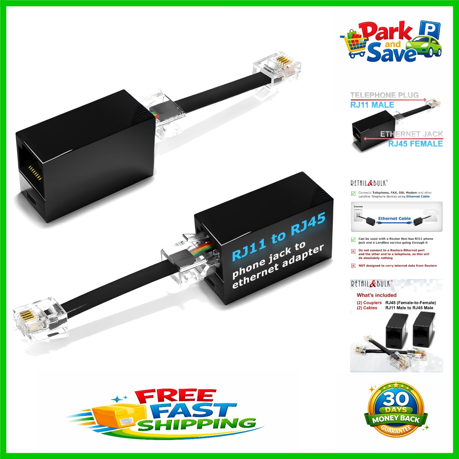Reliable 2-Pack RJ45 Female to RJ11 Male Adapters - Perfect for Home & Office