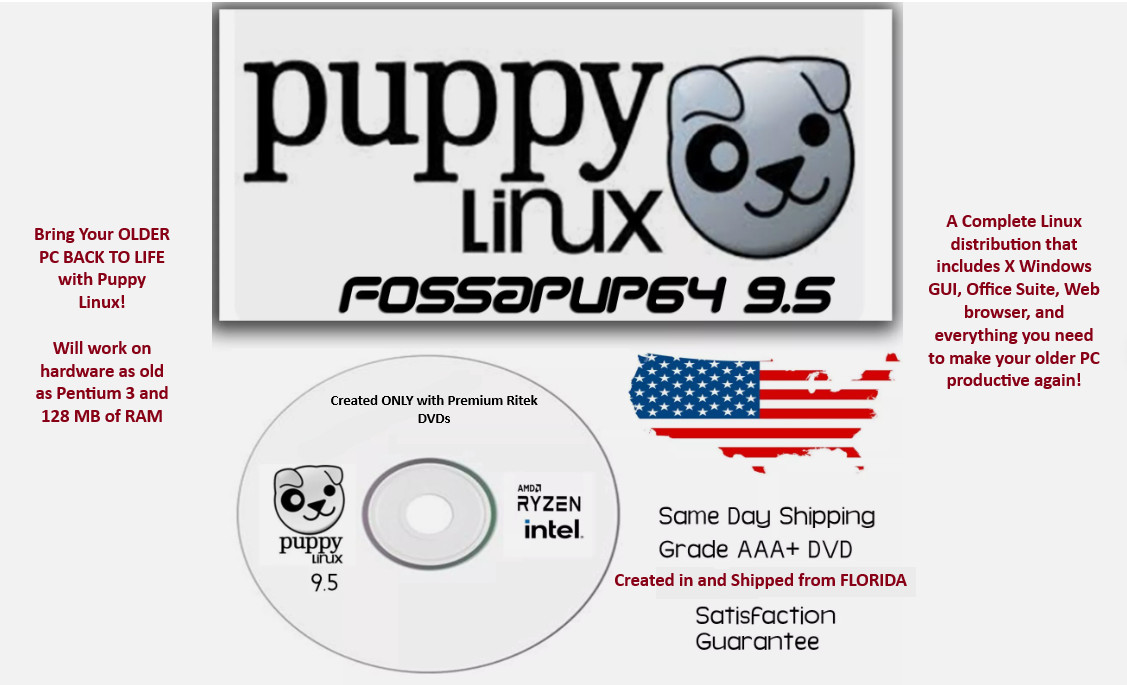 Puppy Linux 9.5 Fossapup Latest BOOT/LIVE Install DVD US Florida Seller