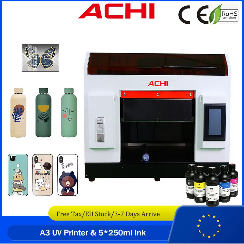 【EU】ACHI A3 UV Printer Flatbed Cylindrical For Glass Metal Wood Printing &Ink