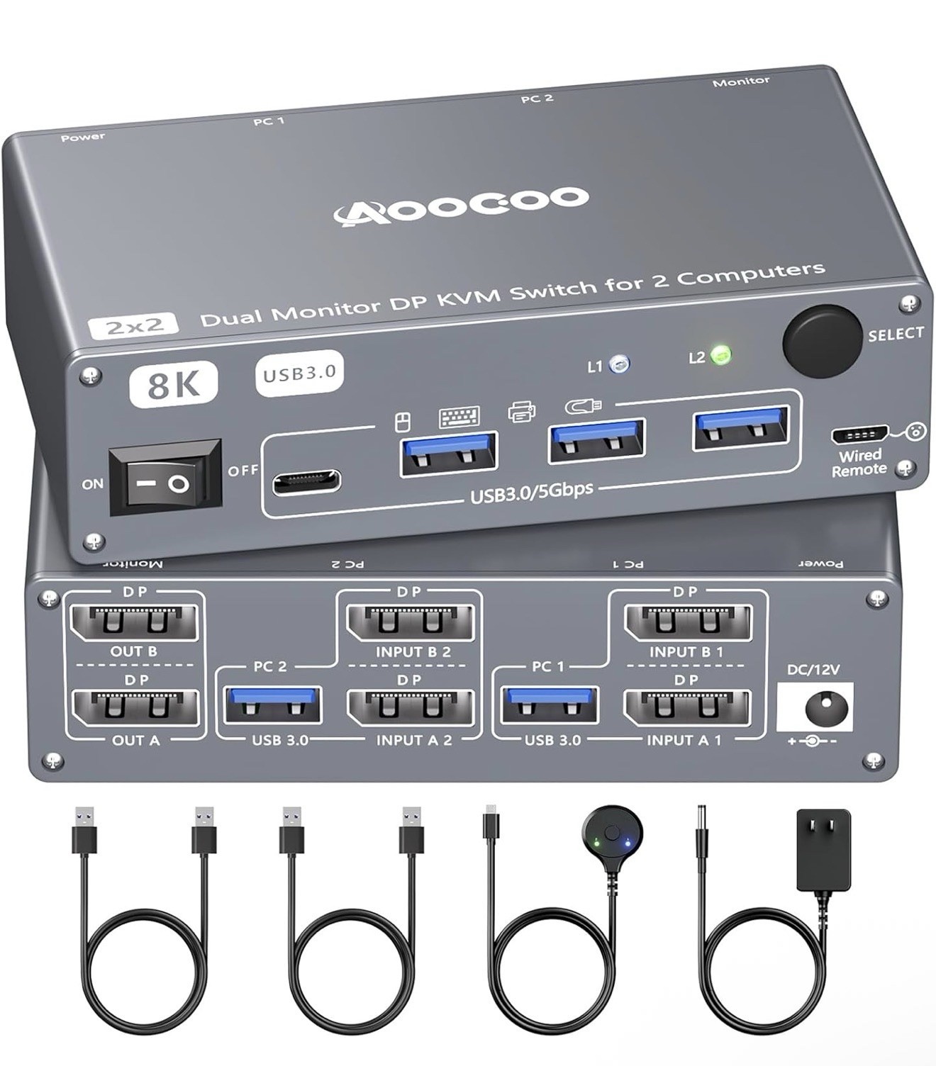 Aoocoo KVM Switch 2 Computers 2 Monitors, 8K@60Hz/4K@240Hz Dual Monitor