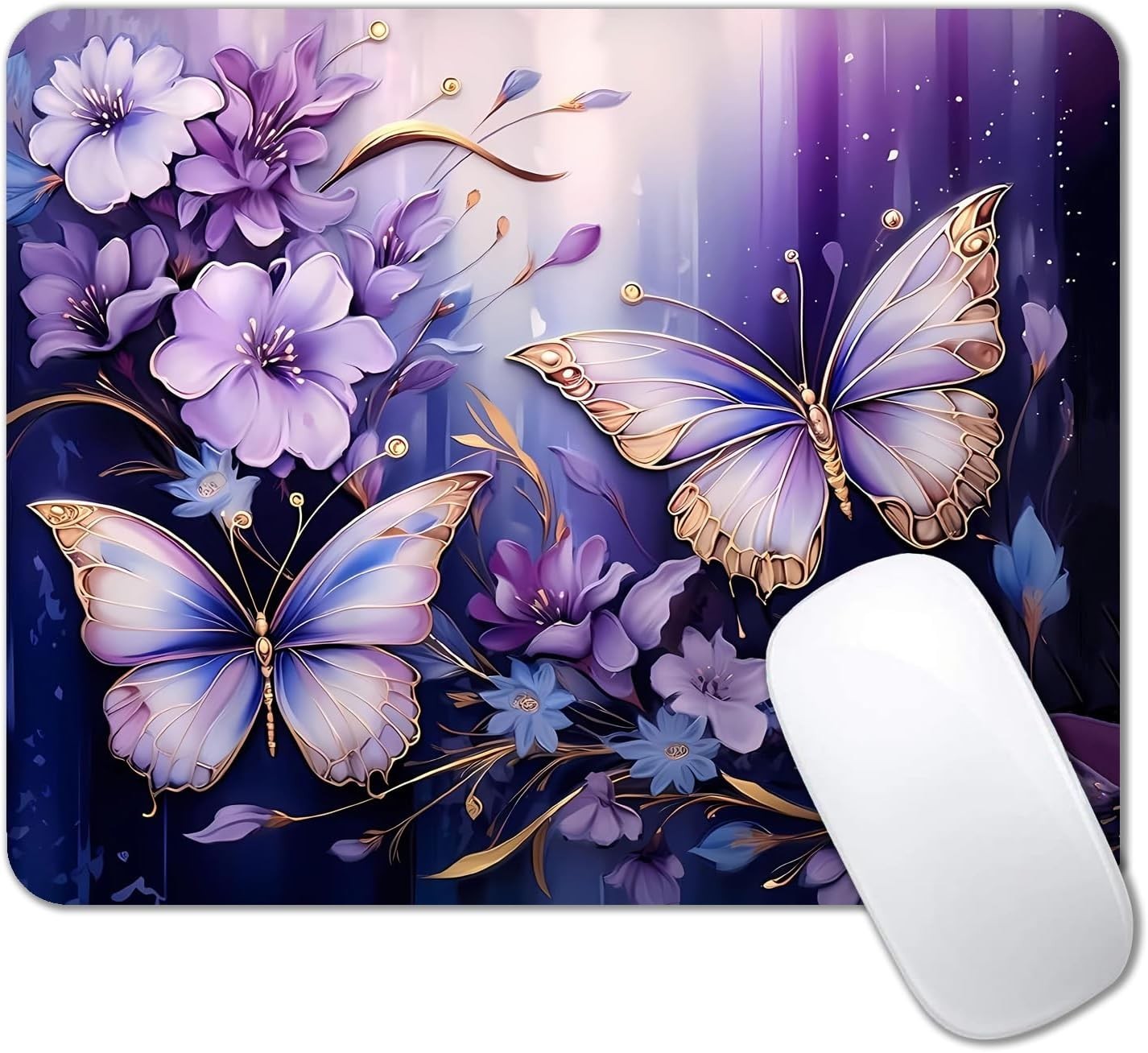 Purple Gold Butterfly Mouse Pad 9.5 x 7.9 Inch Cute Floral Mouse Mat for Desk