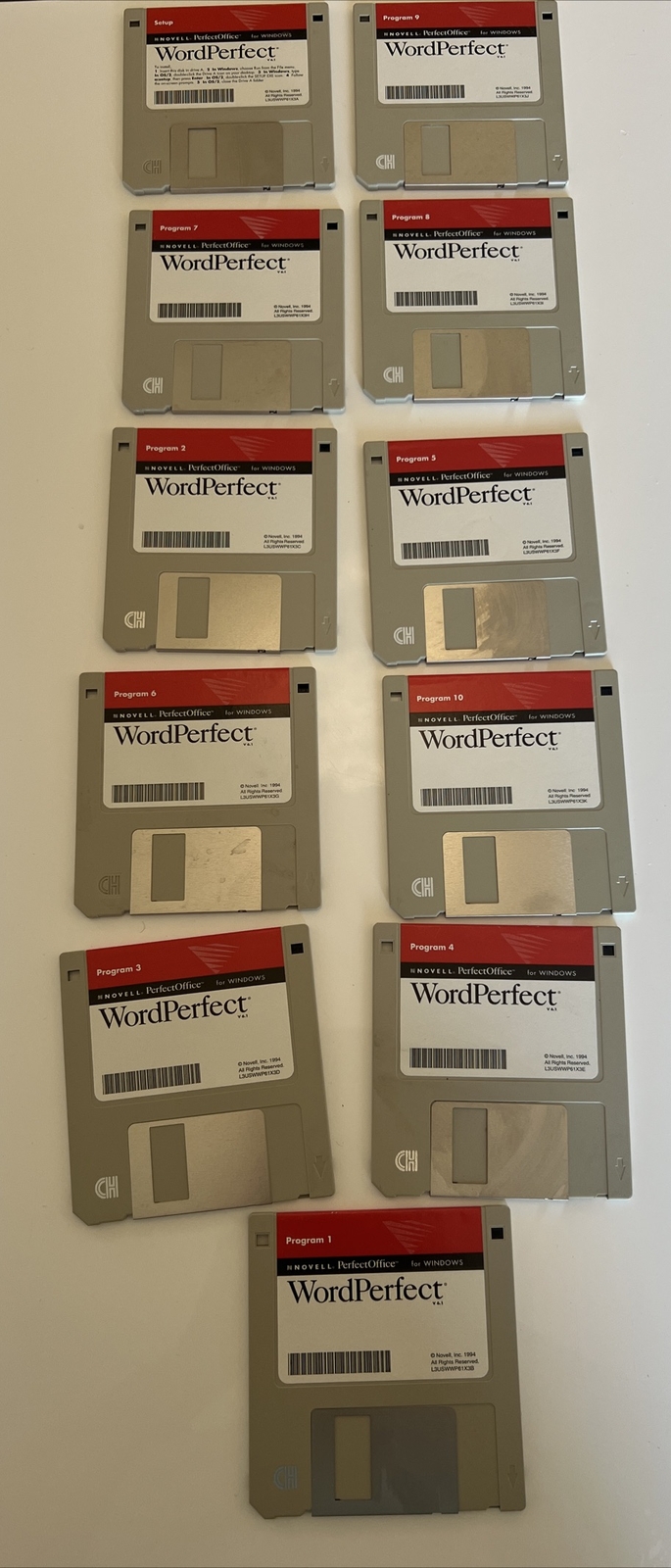 Vintage Novell WordPerfect for Windows Program Setup-10 3.5" HD Diskettes - 1994
