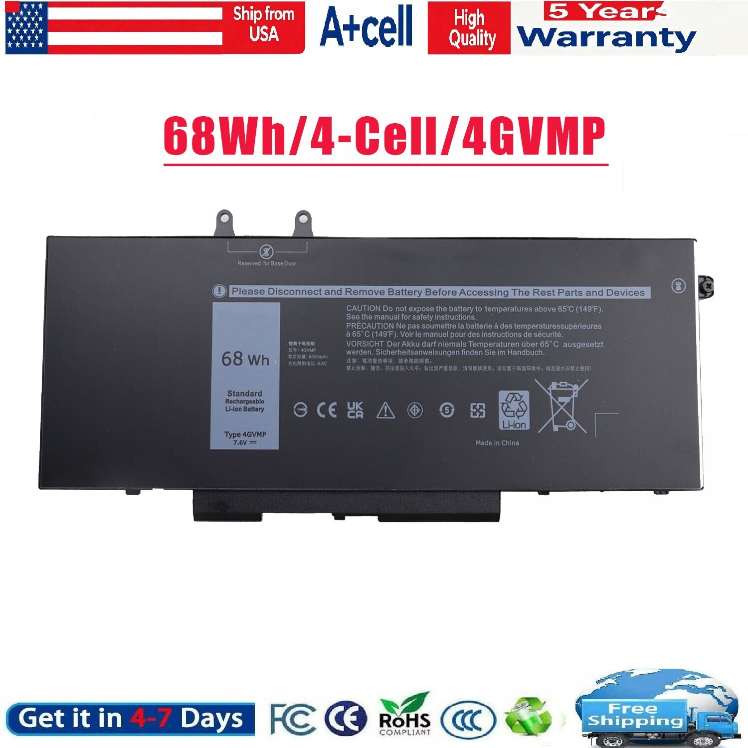 4GVMP Laptop Battery For Dell Latitude 5400 5500 Precision 3540 9JRYT C5GV2 68Wh