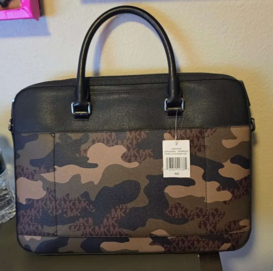 MICHAEL KORS HARRISON FRONT ZIP SLIM BRIEFCASE MK CAMO LEATHER BAG NWT