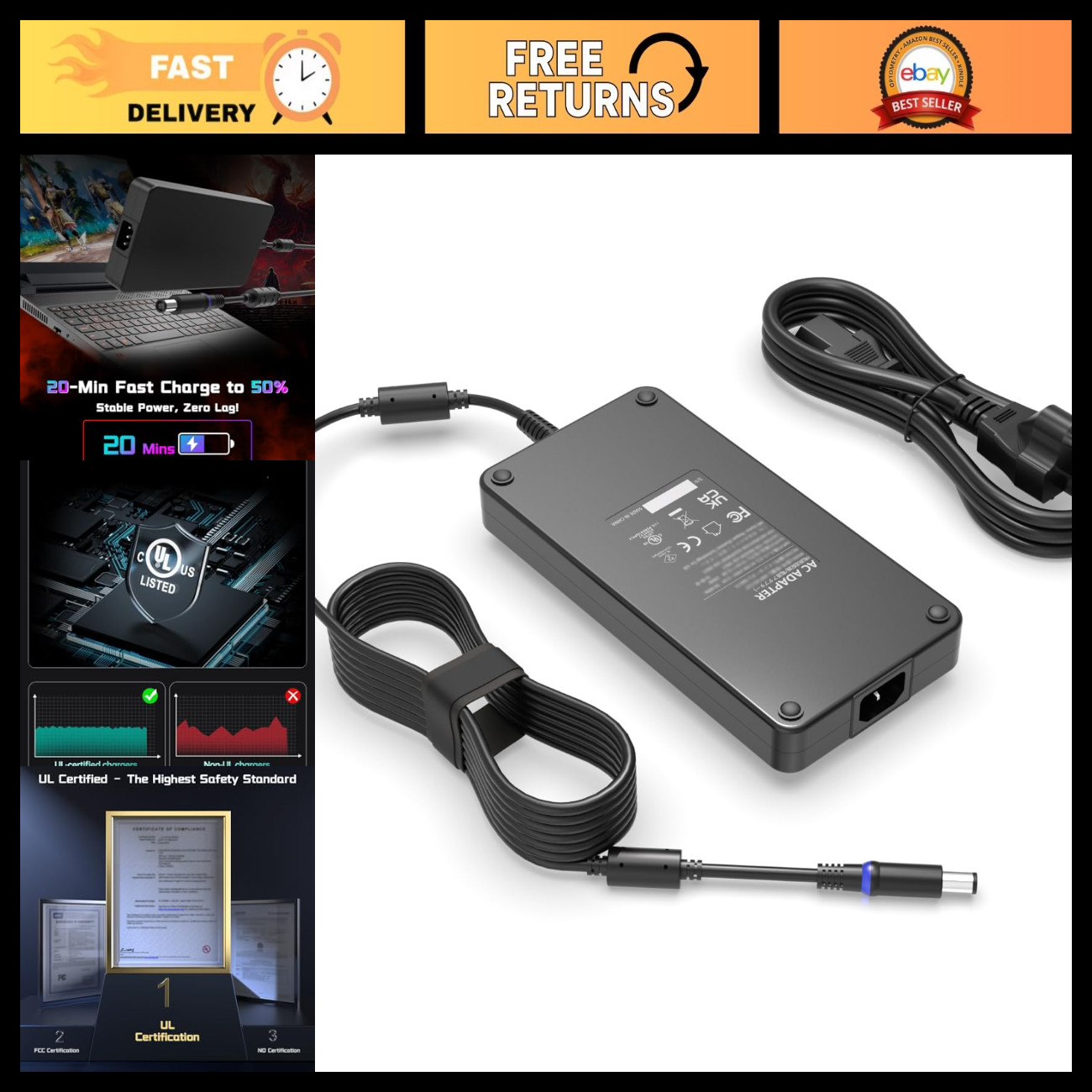 240W Fast Charger UL Certified for Alienware Gaming Laptop - High-Speed Power Su