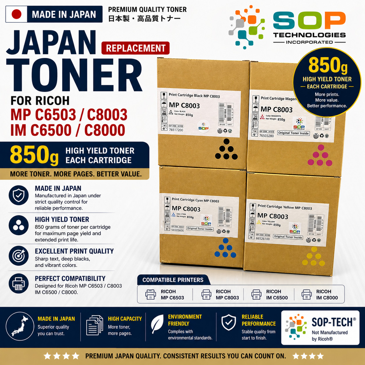 Japan Replacement Toner for Ricoh MP C6503 C8003 IM C6500 C8000 CMYK 850 Grams