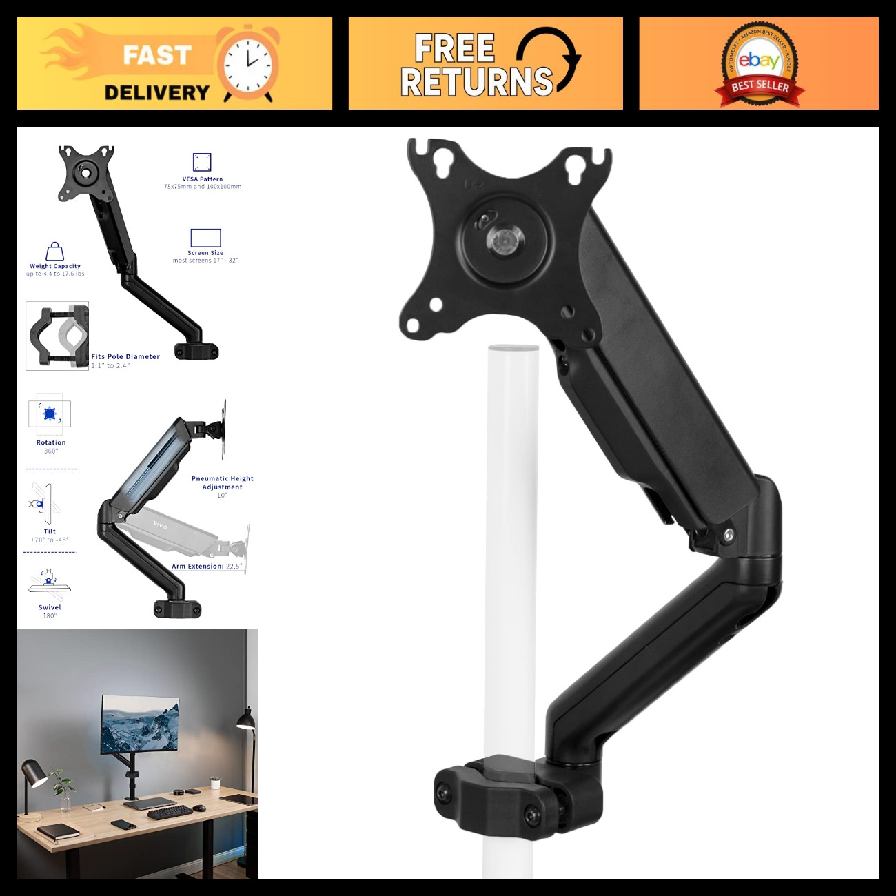 Adjustable Black Pole Mounted Monitor Arm for 17-32" Screens - Ergonomic Desk Mo